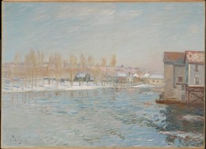 O Loing e os moinhos de Moret, efeito de neve de Alfred Sisley