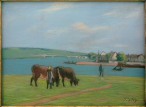 Vacas nas margens do Sena em Saint-Mammès de Alfred Sisley