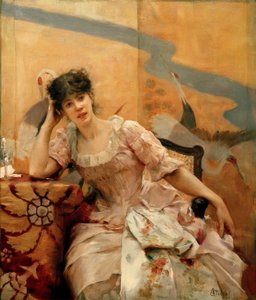 A. Stevens, mulher jovem e tela japonesa de Alfred Emile Stevens