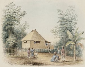 Casa nativa perto de Manila, 1842 (wc com toque de caneta e tinta no papel creme wove) de Alfred Thomas Agate