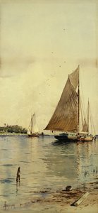Secar as velas, barcos de ostras, Patchogue, Long Island, de Alfred Thompson Bricher