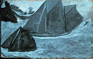 Barcos ao largo do porto (óleo sobre cartão colocado a bordo)