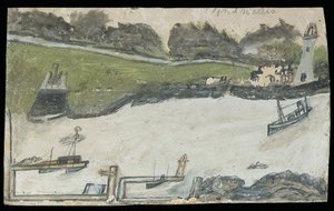 Cena do porto com castelo e farol (lápis e óleo no cartão) de Alfred Wallis