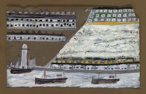 Navios e farol, casas (lápis e óleo sobre papel) de Alfred Wallis