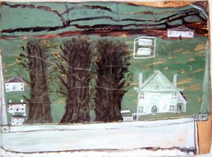 Três Árvores, Casa Branca em uma Paisagem (óleo sobre cartão)