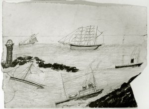 Três veleiros, dois navios a vapor e Godrevy Lighthouse, c.1935-38 (óleo e lápis sobre cartão) de Alfred Wallis