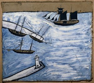 Vista do porto e do farol de Saint Ives (Cornualha, Inglaterra). Óleo e lápis sobre cartão, de Alfred Wallis (1855-1942) de Alfred Wallis