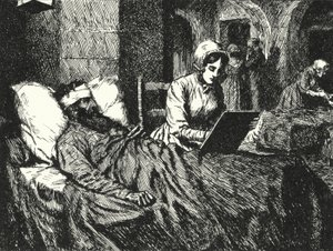 Enfermeira inglesa Florence Nightingale escrevendo uma carta para um soldado ferido na Guerra da Crimeia no hospital de Scutari, 1855