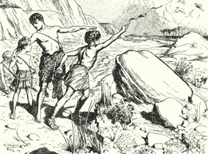 Aníbal e seus irmãos aprendendo a atirar pedras com um estilingue de Alfred Wallis Mills