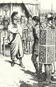 O Imperador Romano Teodósio, o Grande, condenando Magnus Maximus à morte por seu papel no assassinato de Graciano, 388