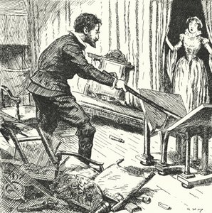 A esposa do ceramista francês Bernard Palissy olhando horrorizada enquanto ele quebra seus móveis para usar como combustível para seus fornos de Alfred Wallis Mills