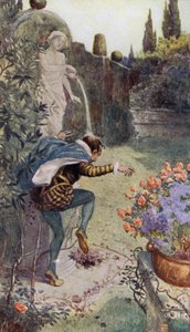 Água de um jarro sustentado por uma estátua em um jardim que cai sobre a cabeça do oleiro francês Bernard Palissy de Alfred Wallis Mills