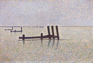 "Vue de la Manche a Nieuport (Nieuwpoort) en Belgique" Peinture de Alfred William (Willy) Finch (1854-1930) vers 1889, pointillisme - Londres, Galeria Nacional