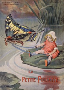 O Pequeno Gorducho. Uma pequena menina sentada sobre um lírio de água puxado por uma borboleta. Conto de Hans Christian Andersen (1805-1875). Ilustração de Vaccari e Carrey na colecção "Les beaux tales" "Nos loisirs" por volta de 1910. Colecção privada.