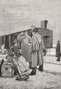 Five Minutes Stop, dois homens em pé num comboio param de beber e comer, gravura de um quadro de Alfredo Luxoro (1859-1918), de L