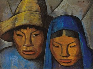 O Casal em Azul; La pareja en azul, c.1930 (petróleo a bordo) de Alfredo Ramos Martinez