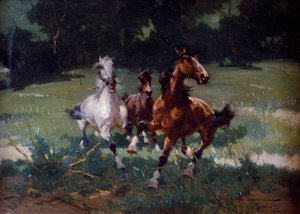 Running Horses, pintura de Alfredo Tominz (1854-1936), óleo sobre papelão, 67x48 cm, Itália