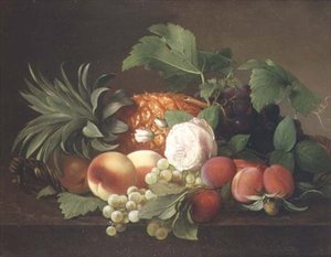 Natureza morta com ananás, pêssegos, ameixas e uvas de Alfrida Vilhelmine Ludovica Baadsgaard