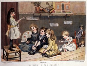 Jogos de crianças: "O concerto" Uma menina canta em frente a uma plateia de crianças e brinquedos. Desenho de Alice Havers. 1877