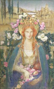 Santa Isabel da Hungria, 1916 (tempera sobre papel colocada a bordo com folha de ouro embutida com pedras semipreciosas em relevo diadema) de Alice Macallan Swan