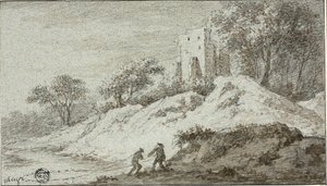 Paisagem com duas figuras e um castelo na colina de Allaert van Everdingen