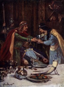 Envenenamento do rei Aethelbert II de East Anglia por Cynethryth, esposa de Offa II de Mercia, 794 (lito a cores) de Allan (after) Stewart
