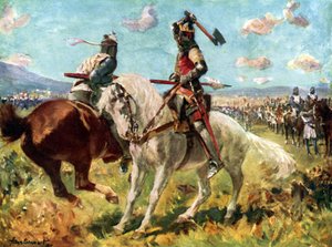 O Combate entre o Rei Robert the Bruce e Sir Henry de Bohun em Bannockburn (cor litho)