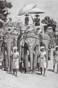 O imperador Harsha presta homenagem a Buda, 645 d.C. (litografia) de Allan Stewart