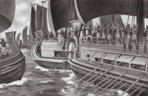 O primeiro combate marítimo da história (litografia) de Allan Stewart