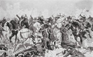 A última resistência dos Rajputs contra os Muhammadans em 1192 d.C. (litografia) de Allan Stewart