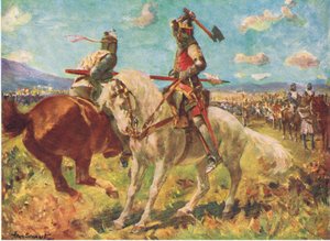 O combate entre o Rei Robert the Bruce e Sir Henry de Bohun em Bannockburn (lito colorido)