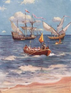 Vasco da Gama desembarcando em Kalicut (litografia a cores) de Allan Stewart
