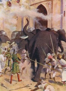Elefantes de guerra atacam os portões do forte de Arcot (litografia a cores) de Allan Stewart