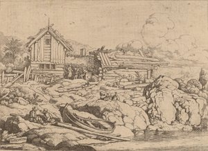 Barco na margem do rio com três cabras, provavelmente c. 16451656. de Allart van Everdingen