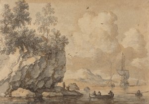 Figuras em barcos a remo em uma enseada rochosa, veleiros além.