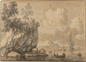 Figuras em barcos a remo em uma enseada rochosa, veleiros além de Allart van Everdingen