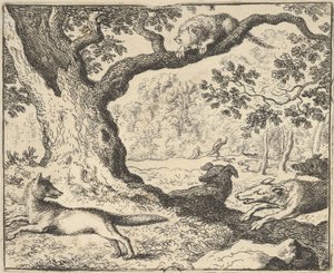 Seguindo a história falsa de Renard, seu pai é perseguido por cães de caça de Hendrick van ..., 1650-75. de Allart van Everdingen