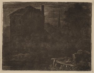 Paisagem nocturna com casa e torre de igreja de Allart van Everdingen