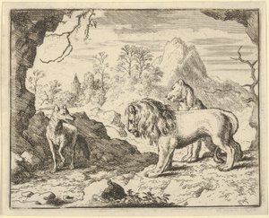 Renard convence o leão e a leoa de encontrar um tesouro que seu pai roubou deles ..., 1650-75. de Allart van Everdingen
