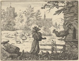 Renard, disfarçado de monge, ganha a confiança do galo, 1650-75.