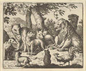 Renard se exonera de seus crimes diante do leão, 1650-75. de Allart van Everdingen