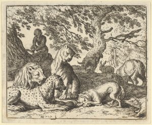 Renard acusa falsamente seu pai de conspirar contra o leão, 1650-75. de Allart van Everdingen