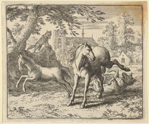Renard vai com o texugo ao tribunal para apaziguar a raiva do leão, 1650-75. de Allart van Everdingen