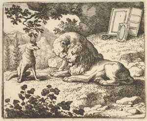 Renard mente que deu ao carneiro vários objetos preciosos que foram feitos para o leão..., 1650-75. de Allart van Everdingen