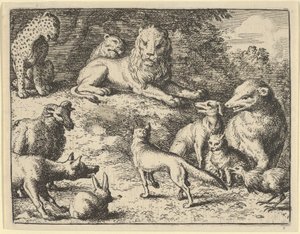 Renard é acusado pelos animais diante do leão, 1650-75. de Allart van Everdingen