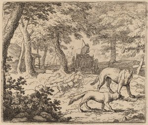 Reynard e o Lobo antes do Carrinho de Peixe de Allart van Everdingen