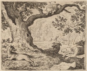 O Pai de Reynard e o Gato Perseguido por Cães de Caça, provavelmente c. 16451656. de Allart van Everdingen