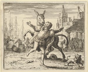 O burro, invejoso da atenção que o cão recebe de seu dono, procura imitar..., 1650-75. de Allart van Everdingen
