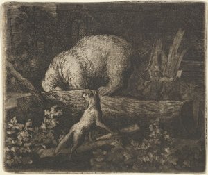 O urso com seu focinho e patas dianteiras preso no tronco de uma árvore, meados do século 17. de Allart van Everdingen