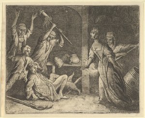 O gato, pego em uma armadilha, é maltratado pelas pessoas da casa, 1650-75. de Allart van Everdingen